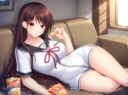 itsuki miyu,large breasts,:o,living room,on couch,lounging,base outfit,snack,holding snack,dappled sunlight,morning,sunrise,light rays,hair down,kinmedai pink,<lora:Itsuki_Miyu:0.8>,, masterpiece, best quality, amazing quality, very aesthetic, absurd, newest, detailed eyes