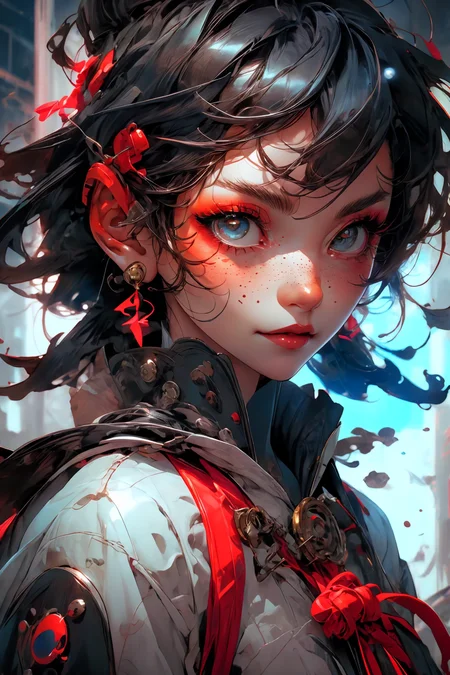 close-up shot, woman, gothic make-up, detailed skin, light freckles, shallow depth of field, OverallDetail
<lora:more_details:0.4>
 <lora:Cosmic anime-oil fusion v2:0.45> 
<lora:AnimeVibesV3:0.3> animevibes, 
<lora:3DMM_V11:0.5> 3DMM 
<lora:midjourney_20230624181825:0.7> midjourney ,
 <lora:LAS:0.5> cloud,colorful,
<lora:msw_locon-t2:0.6>
 <lora:wuxia2:0.6> gu,
 <lora:CyberpunkStyleV1:0.2> PunkAI ,
<lora:CatgirlMaidV1.0-000003:0.35> CatgirlMaid, shiny, shiny hair, shiny skin, shiny clothes