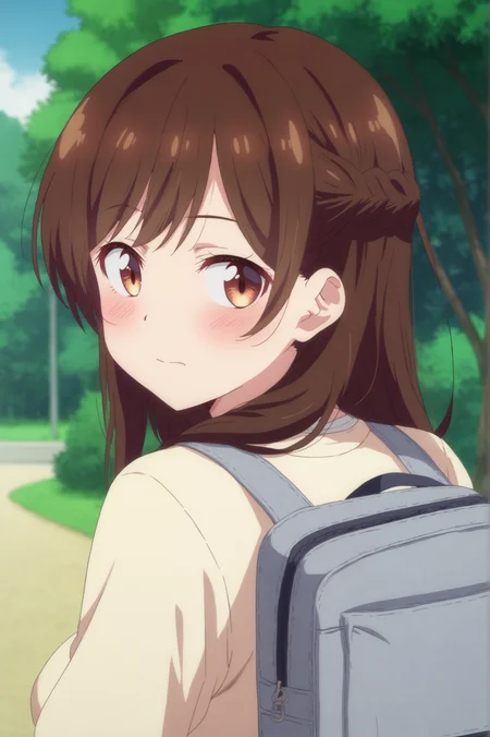 <lora:Chizuru_Ichinose:0.7> chizuru ichinose, 1girl, solo, long hair, looking at viewer, blush, closed mouth, upper body, braid, outdoors, looking back, bag, blurry, tree, blurry background, backpack <lora:sdxl_lightning_4step_lora:1>,