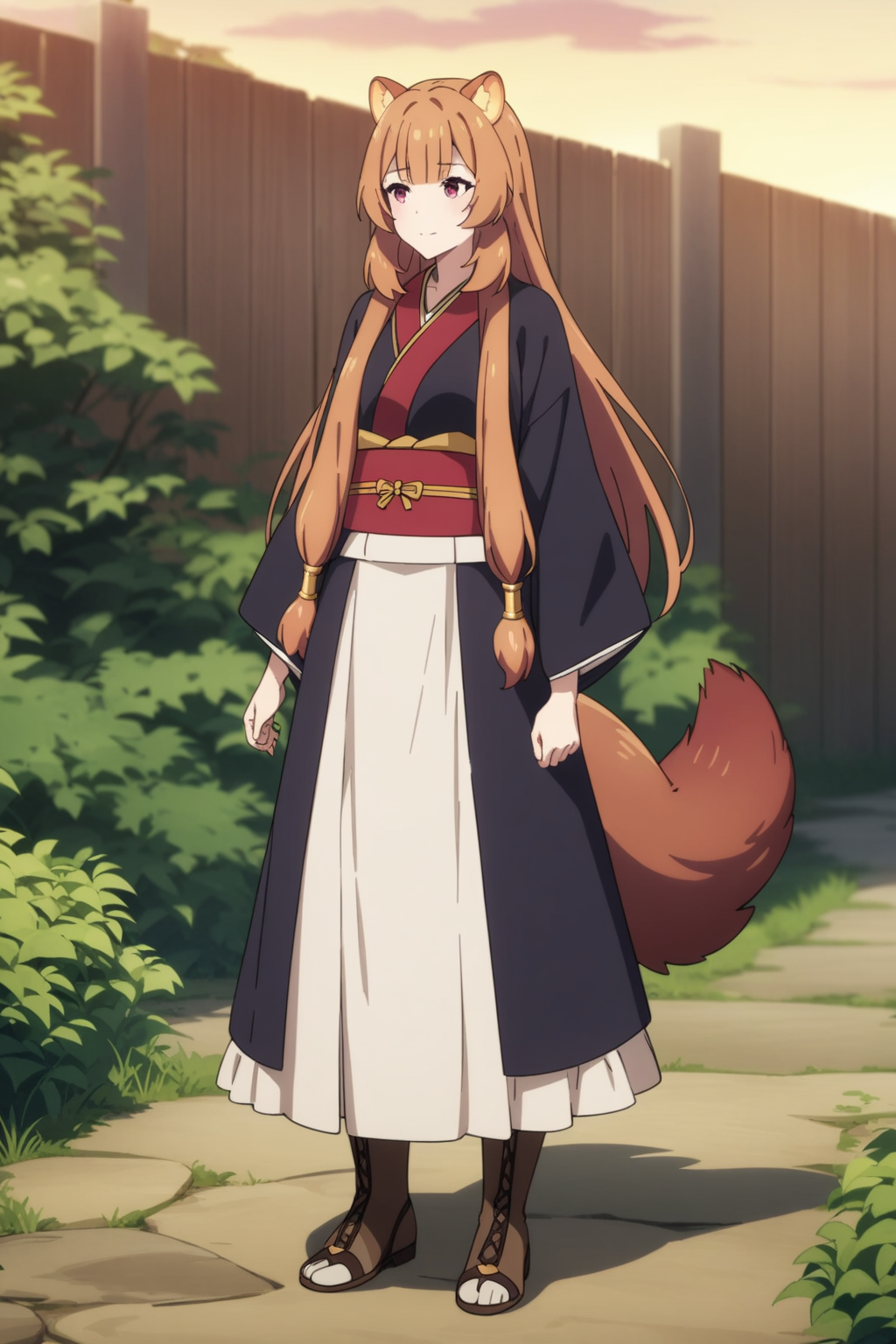 kimono, tny-raphtalia, raccoon tail, (full body), solo, 1girl, outdoors, masterpiece, best quality, very aesthetic, absurdres, recent <lora:tny-raphtalia-V02-000003:0.5>