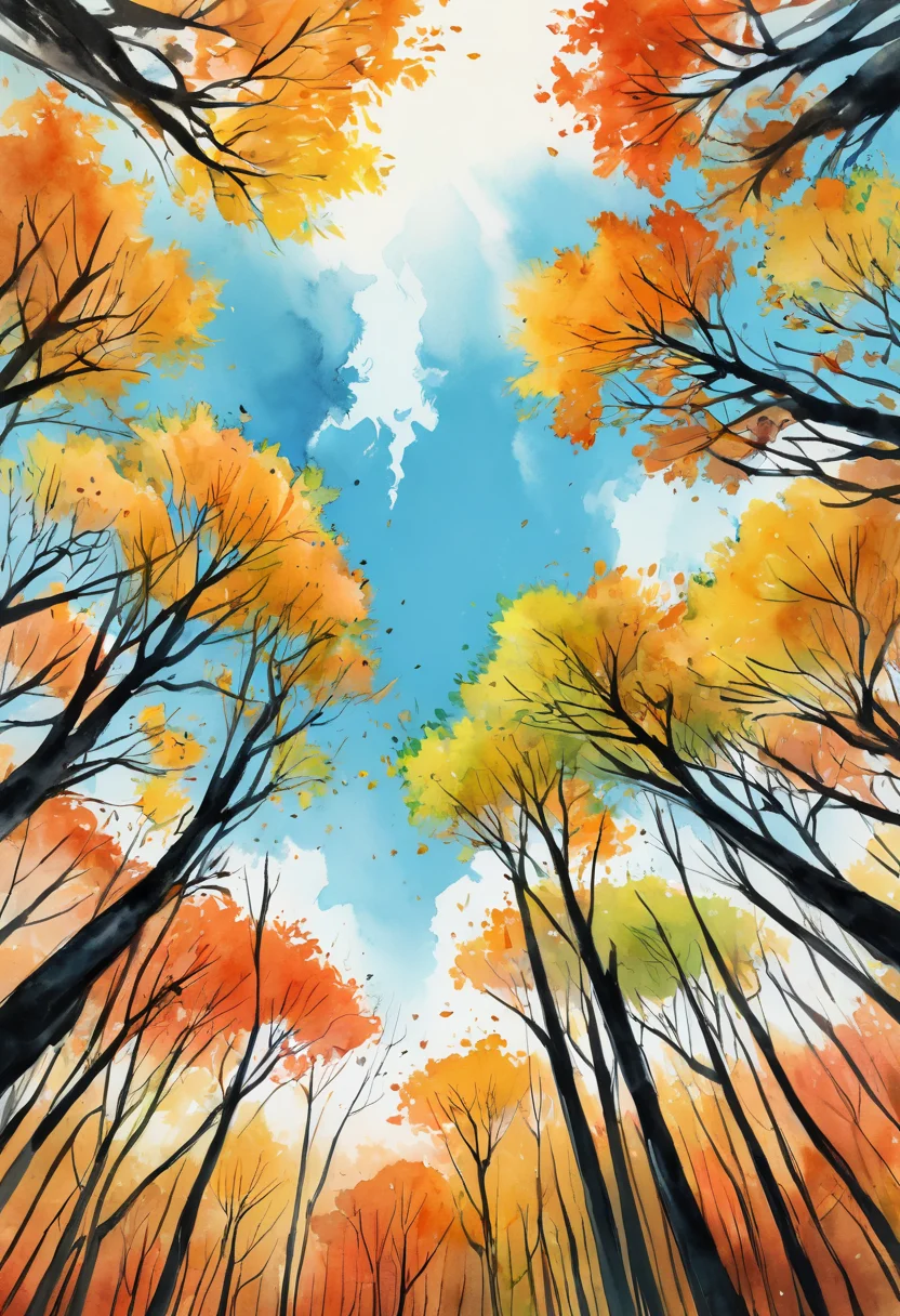 a cluster of saplings reaching toward the open sky, a forest teeming with life beneath its leafy canopy, <lora:Artfully_TREES2-000003:0.6>, accentuated by sharp outlines, sketched with loose strokes, set against a vibrant sky, wrapped in luminous shading, painted in watercolor, autumn tones masterpiece, detailed, best quality, absurd resolution uhd, 8k,
