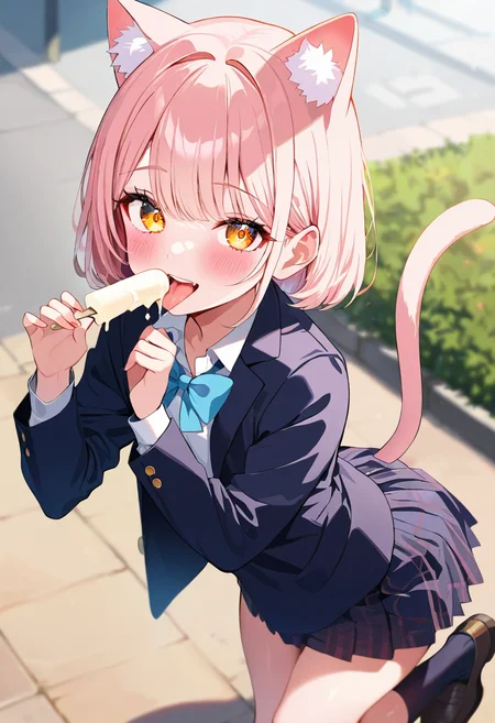 (masterpiece,best quality,very aesthetic, absurdres),(1girl,otoko no ko,femboy:1.2),from above,daytime,sunshine,sun light on face,blink effect,on street,passerby,blurred background,cute,solo,short hair,light pink hair,pink small cat ears,light orange eyes,cute round face,licking ice-cream,slim,small butt,crossdressing,jk school uniform,dark blue skirt,white top,cyan bowtie,full body,uncensored,<lora:better skin XL-v1:1>,<lora:spo_sdxl_10ep_4k-data_lora_webui:0.4> ,<lora:noobaiXLNAIXL_epsilonPred11Version-lora:0.1>