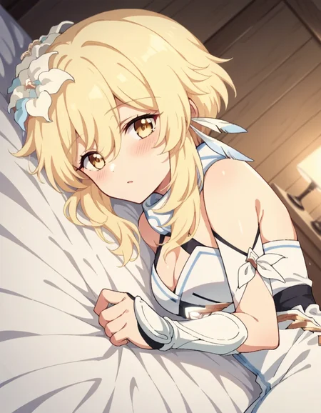 score_9, score_8_up, score_7_up, source_anime,
genshinlumine, <lora:genshin-lumine-2024-short-ponyxl-lora-nochekaiser:1>,
lumine, bangs, blonde hair, hair ornament, hair between eyes, yellow eyes, flower, hair flower, feather hair ornament,
dress, bare shoulders, detached sleeves, scarf, white dress, white footwear, cleavage, detached collar,
indoors, bed, bed room, on side, blush, drunk,
looking at viewer, solo, dutch angle, cowboy shot,