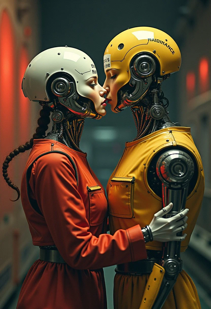 A retro-futurist with a female robot worker embracing and kissing a male robot worker near a factory assembly line,
• “At Palladian Micronics, We manufacture a variety of highly intricate mechanisms: robot brains, automatic translators, psychoeidetic analogues, and the like."