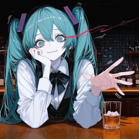 ((safe_pos,masterpiece,amazing quality,best quality,ultra-detailed,perfect composition,detailed face,newest ))), ((8K, 8k skin textures, illustration, amazing quality, realisticshaded and colored)), BREAK 1girl, hatsune miku, hand on own face, open hands, spread fingers, arm support, arm rest, holding cup, ice, bar \(place\), white shirt, black bowtie, bartender, [looking down,:looking at viewer,:0.5] smile, (green theme:0.5), dark background, shadow, photo background, artist:john kafka, (yoneyama mai:0.5), tile wall, BREAK ultra-detailed, eyelashes, white sclera, eye trail, Sharp eyes, wide eyes, BREAK very aesthetic, smooth image, (detailed face and eyes), mesmerizing gaze, motion lines, action lines, sharp focus,