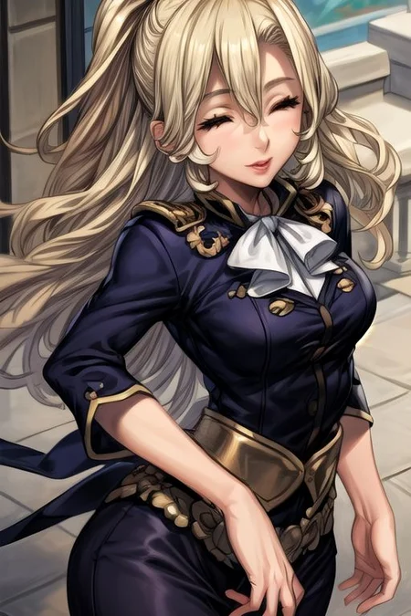 masterpiece, Lily Kokoschka , best quality, best quality, ultra-detailed, highres,sharp focus,(ultra detailed,extremely detailed), 1girl,(masterpiece, best quality), LilyKOKOSCHKA, 1girl, solo, long hair, small breasts, blonde hair,  hair between eyes, uniform, ascot, wavy hair, eyes visible through hair, white ascot, Skirt, hungry clicker,  outdoors, street, cowboy shot, leaning Back, Best Quality0Beautiful face0Strong-minded woman0closed eyes