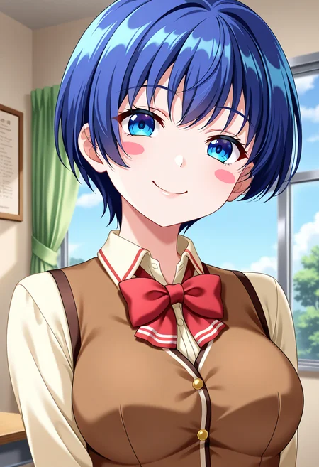 masterpiece, best quality, amazing quality, absurdres, 1girl, solo, (portrait:1.2), hinaww, blue eyes, blue hair, short hair, medium breasts, blush stickers, school uniform, red bowtie, brown vest, yellow collared shirt, looking at viewer, smile, indoors, day, skindentation, detailed clothing folds, depth of field, sharp, high contrast, dynamic light <lora:Kotobuki_Shinjou_Hina:0.8>