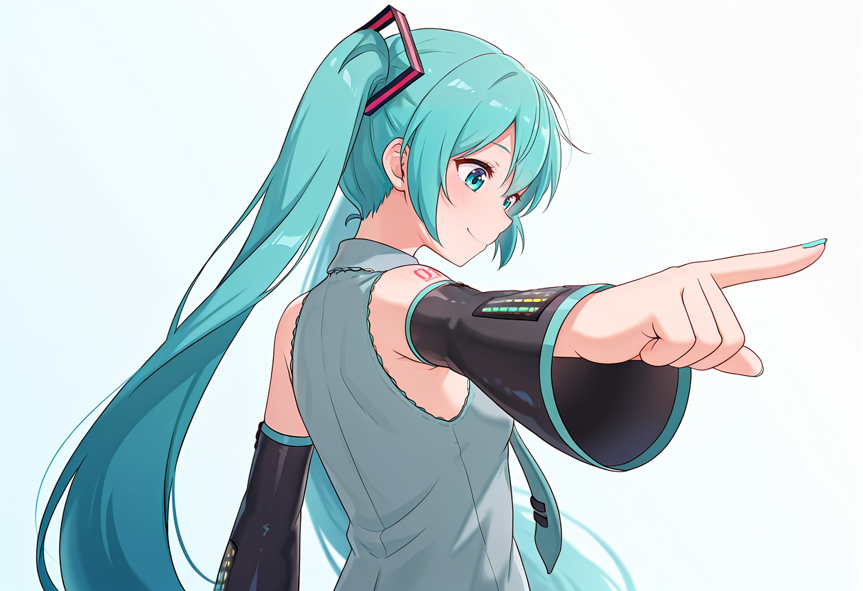 masterpiece, best quality, absurdres, yourturn, 1girl, hatsune miku, facing away, looking down, pointing at another, simple background, smile, closed mouth, <lora:Next_its_your_turn_meme:1>