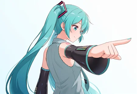masterpiece, best quality, absurdres, yourturn, 1girl, hatsune miku, facing away, looking down, pointing at another, simple background, smile, closed mouth, <lora:Next_its_your_turn_meme:1>
