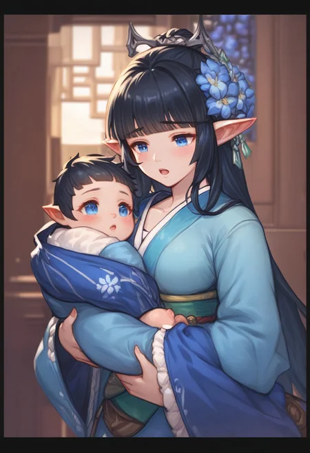 Prompt: score_9, score_8, score_7, 1girl, baby, baby carry, blanket, 
carrying, commentary request, holding person, looking at another, mother and son, open mouth, original, elf ,pointy ears, blue eyes and long black hair, couplelunia, blue kimono, long black hair mother, wide long sleeves blue kimono, white sock, green obi, himecut, hime cut, blush, black hair wife, blue eyes, close up shot, upper body, blue flower hairpin,