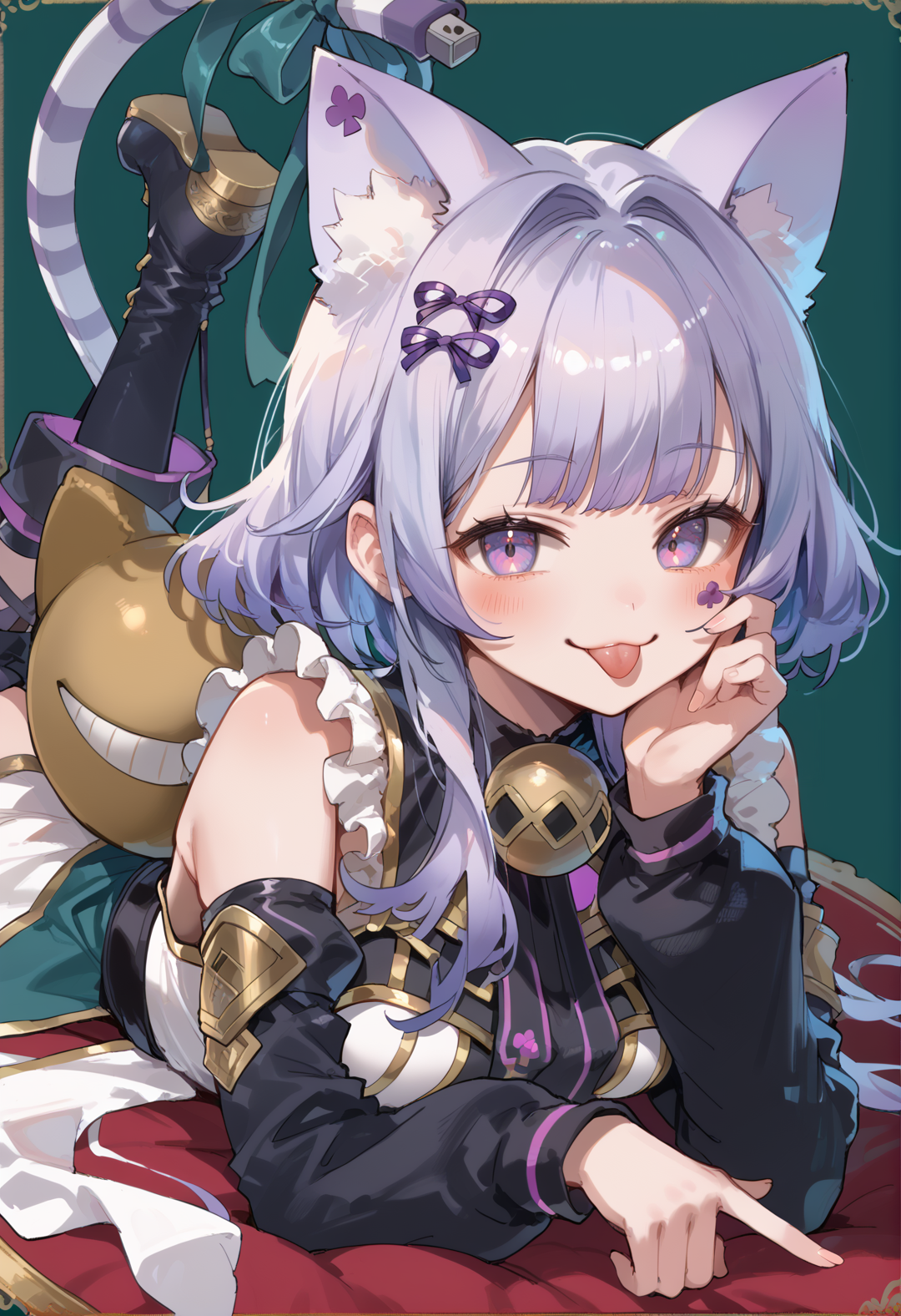 (score_9:0.9),score_8_up,score_7_up,rating_safe,anime_style,(zPDXL),(zPDXL3),((solo)),<lora:MALICE Pawn Cheshire Cat ponyXL v1.31:0.75>,mâlice pawn cheshire cat, blush stickers, parody, neck bell, facial mark, tongue out, solo, on stomach, lying, looking at viewer, smile, cat girl, gold stuffed toy, purple hair, pointing, medium breasts, green tail ribbon, black dress, black boots