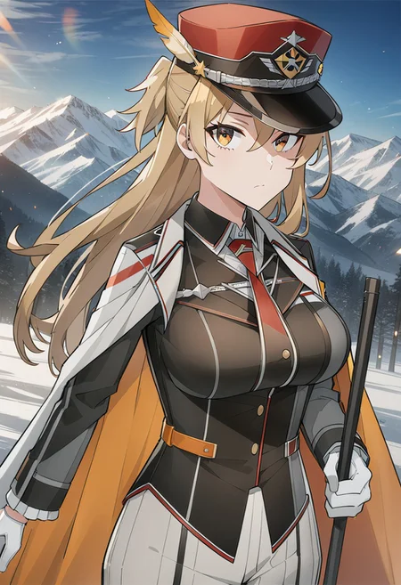 (ultra high res),score_9,score_8_up,expressive,(((masterpiece))),(incredibly_quality),(best_quality),(highly_detailed),((perfect_face)),anime,2d, source_anime, anime_style,Perfect Hands,
hige detailed,
face_detail,
eyes_detail,
lustrous_skin,
skindentation,
white cape, boots, military uniform,
(straight pants,light grey pants),white pleats,(peaked cap),high collar, standing, 
black headwear, yellow feather decoration, suit lapels, orange cape lining, jacket,high heel boots, 
(third3A uniform),walking stick,
feather decoration,decorative trim,detailed design, pants, white gloves,
(black coat,black jacket, grey jacket),small cape,black cape, red cape,red and black headwear,red headwear,side cape,clothing detailed,
polyester material,
solo focus,
outdoors,alps background,soft light,
1 girls,girl in (third3A uniform:1.6),winter,sunny,bokeh, real shadow,
brown hair,brown eyes, white skin,an extremely delicate and beautiful lady,
<lora:SpaceBattleshipYamato2199_MoriYuki:0.8>,MoriYuki,blonde hair, long hair, brown eyes,mature female, blunt bangs, long hair,(Expressionless,close up,Expressionless,upper shot,face focus,looking at viewer,)