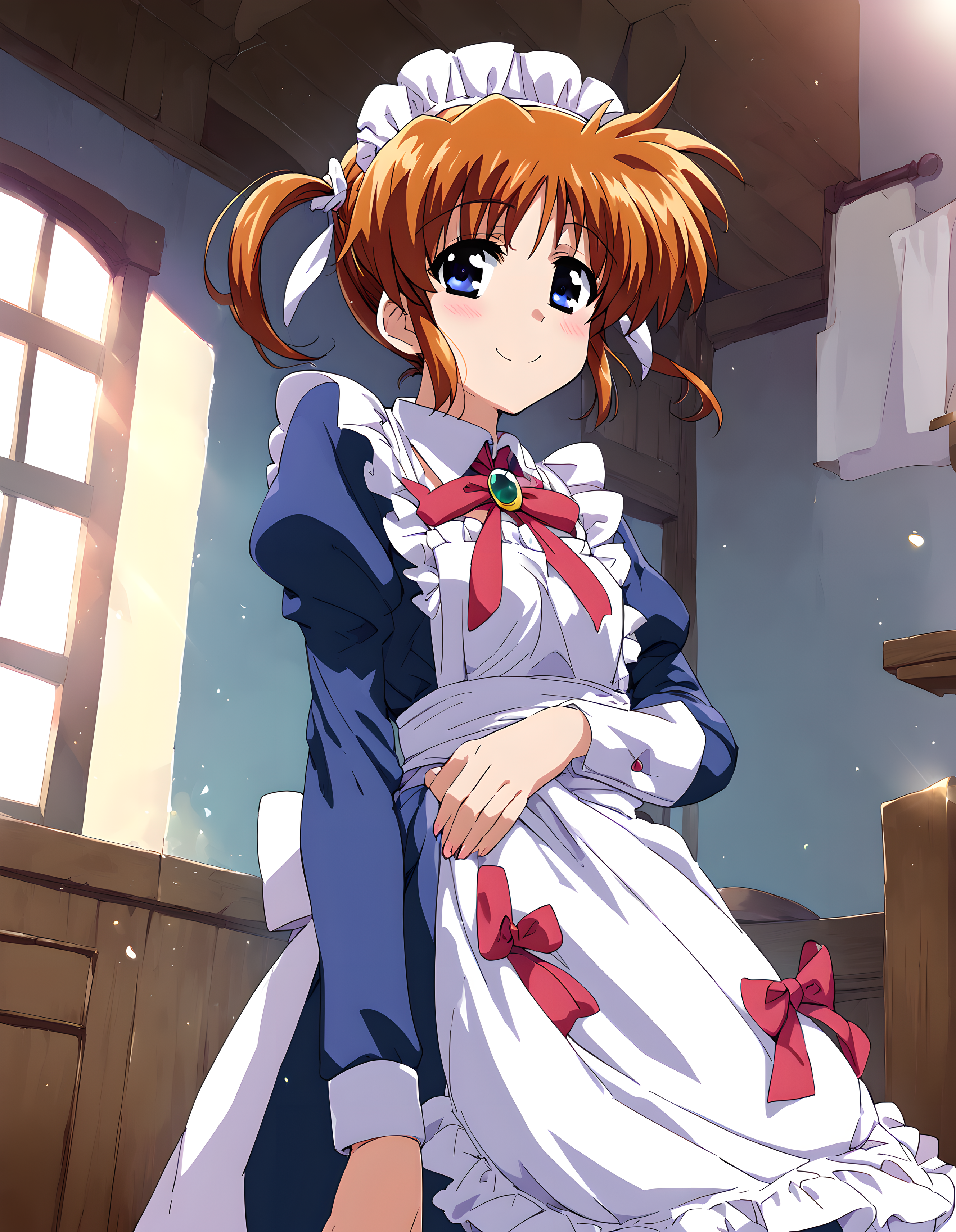 <lora:pony_xl_nanoha:0.9>,nanoha,score_9,score_8_up,score_7_up,source_anime,1girl,solo,housemaid,smile,;d,light_blush,looking_at_viewer,cowboy_shot,lens_flare,morning,have a good day today,standing,