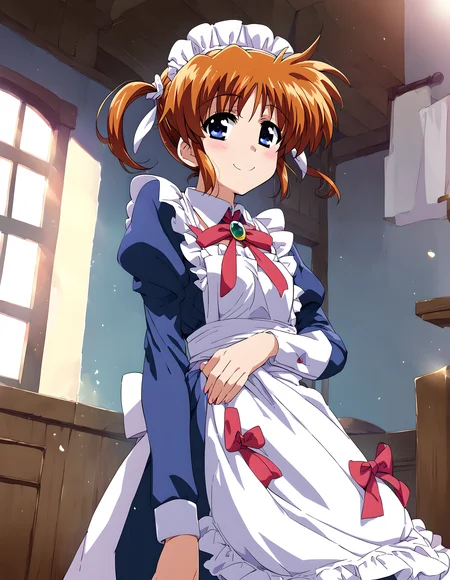 <lora:pony_xl_nanoha:0.9>,nanoha,score_9,score_8_up,score_7_up,source_anime,1girl,solo,housemaid,smile,;d,light_blush,looking_at_viewer,cowboy_shot,lens_flare,morning,have a good day today,standing,