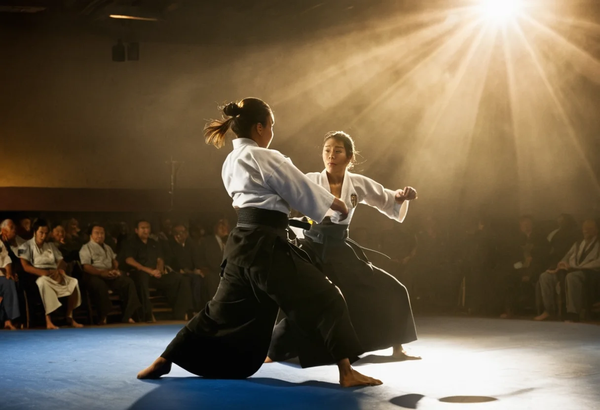 <lora:Hakama_-_Panache:0.9>black hakamas, detailed hakama, 2girls, slim body, perfect face, (akido:1.3), dojo, slender, fit, white top, dynamic action, motion blur, somersault, summersault, (wrestling, grappling, judo throw, submission hold:1.3),sweaty, flushed, fierce, dramatic lighting, high contrast, fabric detail, sharp creases, detailed background, audience seated in background, blurry background, radial blur, cinematic, movie fight scene, perspective, dust motes, volumetric light, dutch angle
<lora:Male_Wrestling_SDXL_V1.0:0.4> <lora:Dramatic Lighting Slider:1.1>
