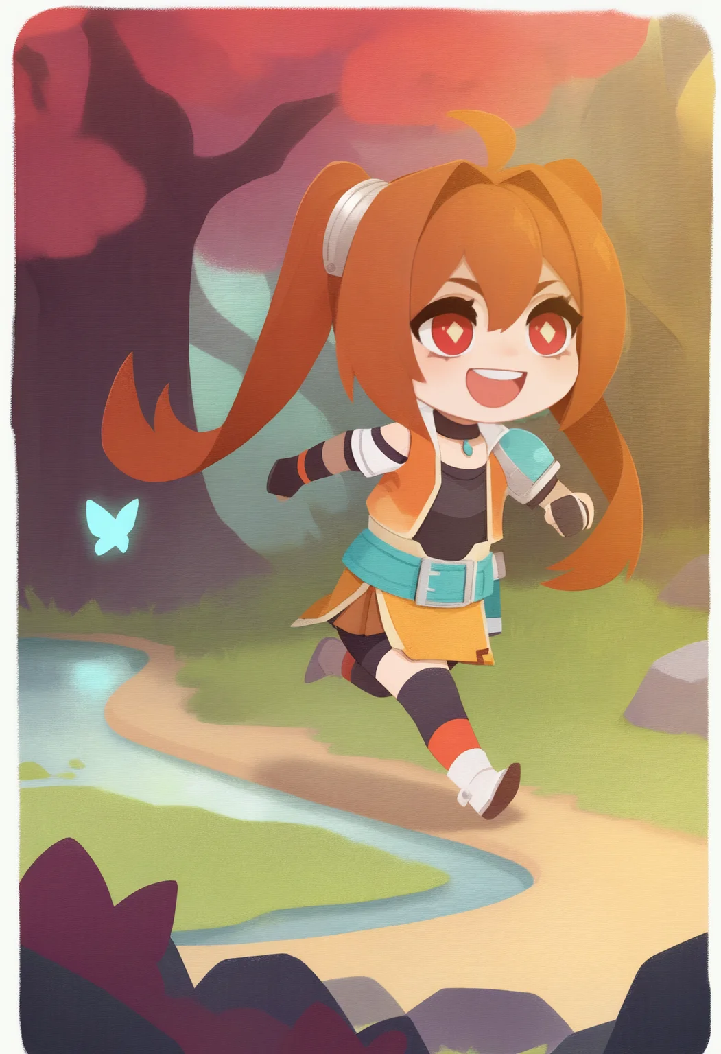 onmyojistyle, chibi, masterpiece, best quality, <break> white border, solo, 1girl, csestl, :d, upper teeth only, running, brown hair, very long hair, ahoge, twintails, red eyes, diamond-shaped pupils, single pauldron, choker, orange vest, short sleeves, black and white shirt, bare shoulder, miniskirt, green belt, black gloves, spandex shorts, black thighhighs, outdoors, grass, path, tree, butterfly, lake, rock
<segment:yolo-Anzhc Face seg 640 v2 y8n.pt,0.4,0.5//cid=1>