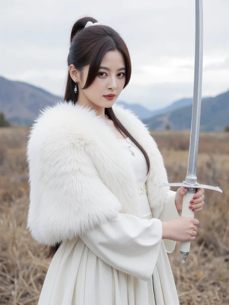 This is a high-resolution photograph featuring an Asian woman with fair skin and long, dark hair styled into a high ponytail, secured with a small white bow. She is dressed in a flowing white gown, and over her shoulders drapes a luxurious white fur cape that frames her neck and upper body with soft, voluminous texture.
In her right hand, she holds a long, slender sword with a white handle and a polished silver blade. Her grip is firm yet graceful, the blade angled slightly downward beside her. Her expression is calm and composed, her gaze directed steadily ahead. Natural daylight softens the contours of her face and highlights the fine details of the fur and fabric.
The background is gently blurred, suggesting a quiet natural landscape with muted tones of dry grass and distant mountains, under an overcast sky. The focus remains tightly on her upper figure and the poised elegance of her stance, creating a tranquil and powerful visual impression.