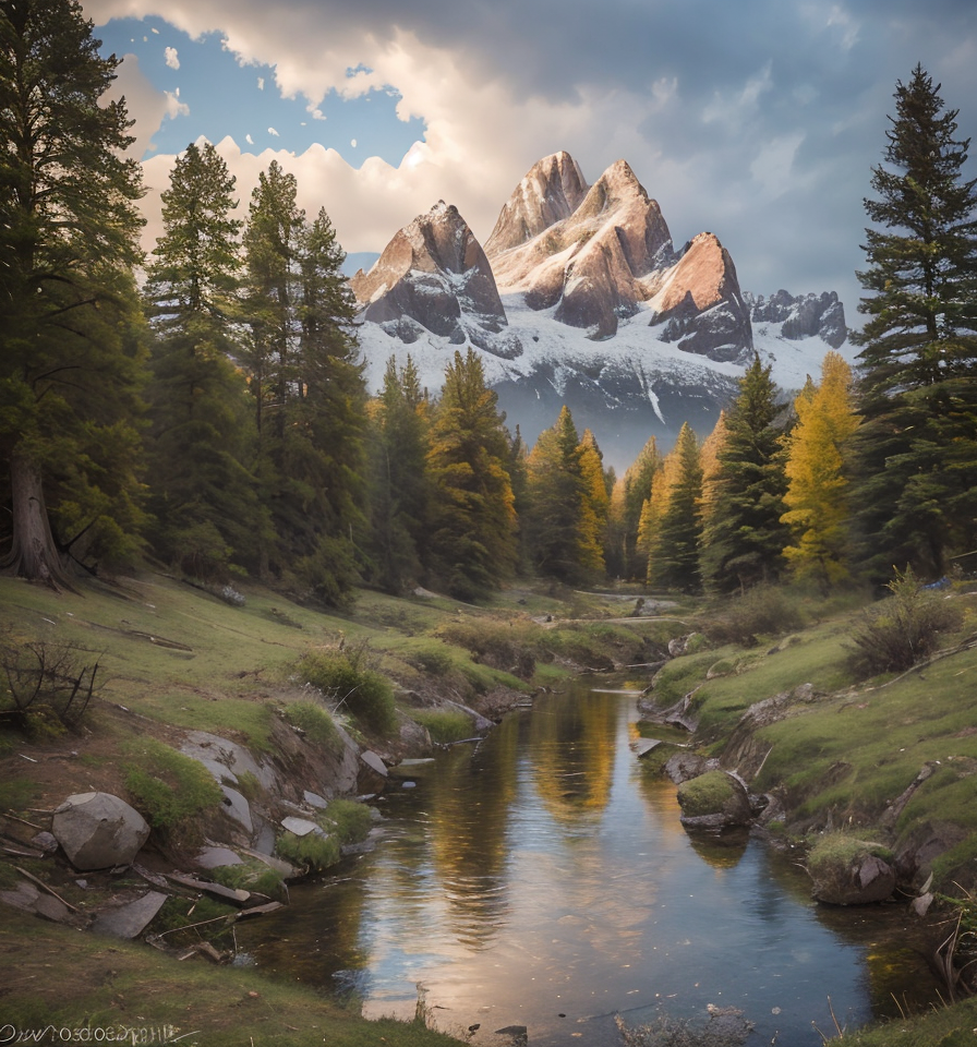 RAW photo, (masterpiece:1.3), subsurface scattering, heavy shadow, (high quality:1.4), (intricate, high detail:1.2), professional photography, HDR, High Dynamic Range, realistic, ultra realistic, photorealistic, high resolution, film photography, ambient lighting, atmospheric effects, <lora:detail_slider_v4:2>, OverallDetail, epic medieval fantasy, cloudy sky, day, fanmou, forest, mountain, nature, outdoors, reflection, sky, water, <lora:Fantasy_Mountains:1>, epiCPhoto