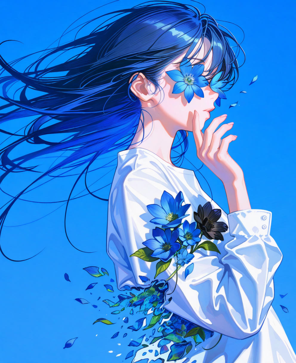 <lora:johnC:1>,
(masterpiece), (best quality), (ultra-detailed), amazing quality, very aesthetic, illustration, perfect composition, intricate details, absurdres, incredibly absurdres, shiny skin, realistic,
 john, 1girl, solo, blue theme, long hair, flower, upper body, blue background, hand up, leaf, blue flower, dissolving, shirt, simple background, black flower, long sleeves, blue hair, dutch angle, blue , plant, floating hair, black hair, blue sky, white shirt, covered eyes, petals, flower over eye, , colorful, from side, sky, general