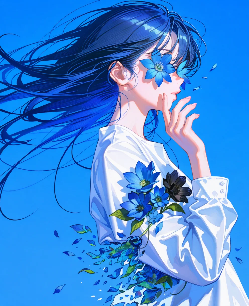 <lora:johnC:1>,
(masterpiece), (best quality), (ultra-detailed), amazing quality, very aesthetic, illustration, perfect composition, intricate details, absurdres, incredibly absurdres, shiny skin, realistic,
 john, 1girl, solo, blue theme, long hair, flower, upper body, blue background, hand up, leaf, blue flower, dissolving, shirt, simple background, black flower, long sleeves, blue hair, dutch angle, blue , plant, floating hair, black hair, blue sky, white shirt, covered eyes, petals, flower over eye, , colorful, from side, sky, general
