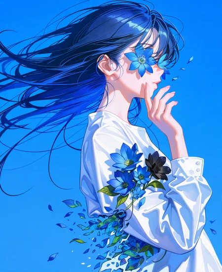 <lora:johnC:1>,
(masterpiece), (best quality), (ultra-detailed), amazing quality, very aesthetic, illustration, perfect composition, intricate details, absurdres, incredibly absurdres, shiny skin, realistic,
 john, 1girl, solo, blue theme, long hair, flower, upper body, blue background, hand up, leaf, blue flower, dissolving, shirt, simple background, black flower, long sleeves, blue hair, dutch angle, blue , plant, floating hair, black hair, blue sky, white shirt, covered eyes, petals, flower over eye, , colorful, from side, sky, general