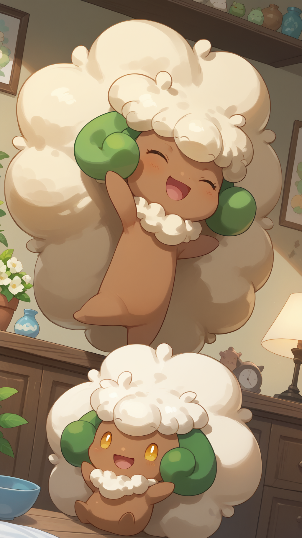 score_9, score_8_up, score_7_up, score_6_up, score_5_up, score_4_up, masterpiece, high quality,   whimsicott,  <lora:Whimsicott-:0.9> Whimsicott, pokemon, creature, girl, 1girl, lots of hair, excessive hair, white hair, tanned, ram horns, green horns, 1girl, whimsicott on shoulder, large breasts, loose shirt,  <lora:Microwaist_XL_v01:0.97> microwaist, narrow waist, small waist,