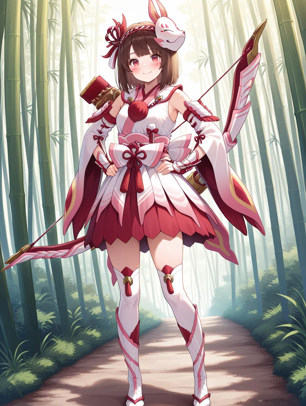 mizutsune gunner armor,1girl,solo,medium hair,brown hair,white detached sleeves,bow \(weapon\),quiver,pink facial mark,smile,looking at viewer,red eyes,blush,standing,pink hairband,white kimono dress,pink sash bow,white vambraces,white thigh boots,full body,weapon on back,bamboo forest,hands on own hips,
masterpiece,best quality,amazing quality,very aesthetic,absurdres,newest,<lora:Mizutsune Armor Beta illuXL v1:0.7>,