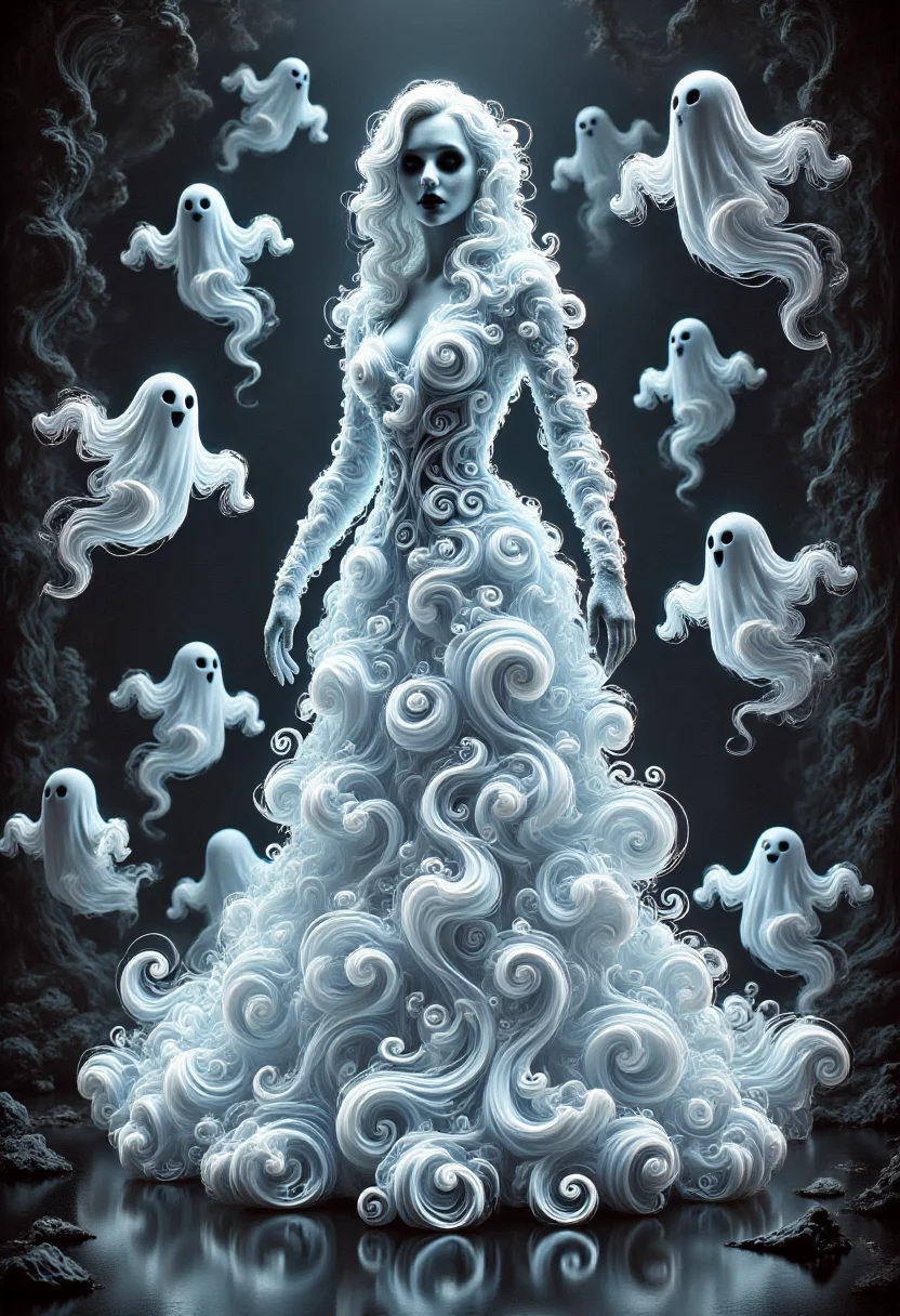 aidmafluxpro1.1, SW1RLYGH0ST,
A pale woman is wearing a glowing dress made of ghosts. she has a pale skin, detailed blue eyes and red lipstick. The scene is set in a dark twisted forest where swirly ghosts are flying around here.
masterpiece, best quality
