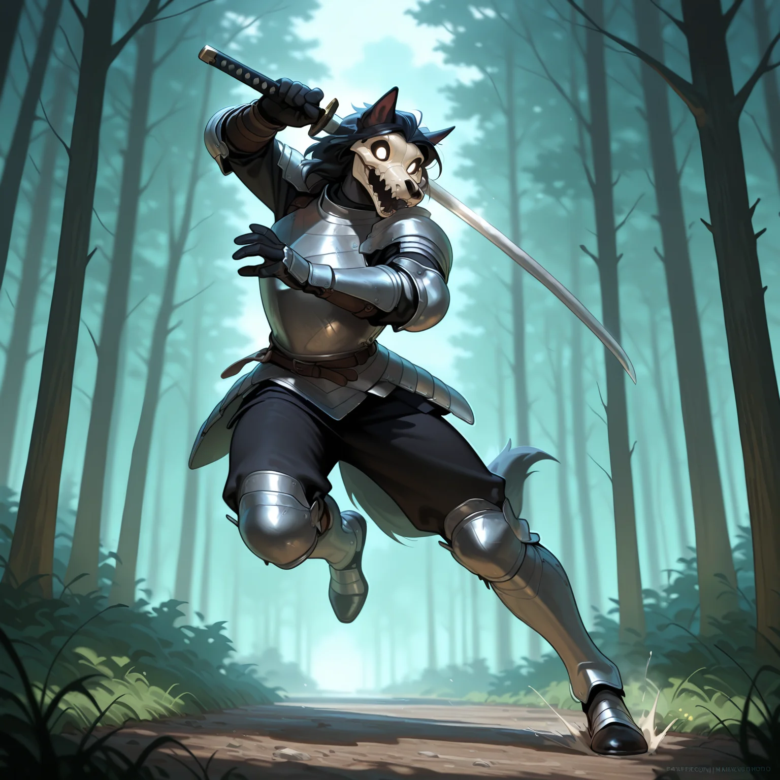 <lora:Mal0Illust:1> mal0, full body, action pose, dynamic pose, in a forest clearing, plate armor, holding katana with both hands,, masterpiece, best quality, newest, absurdres, highres, very aesthetic,