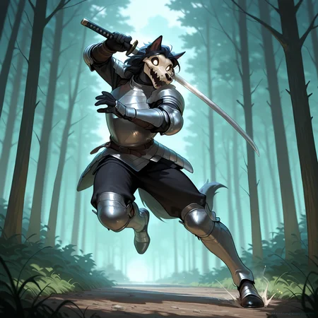<lora:Mal0Illust:1> mal0, full body, action pose, dynamic pose, in a forest clearing, plate armor, holding katana with both hands,, masterpiece, best quality, newest, absurdres, highres, very aesthetic,