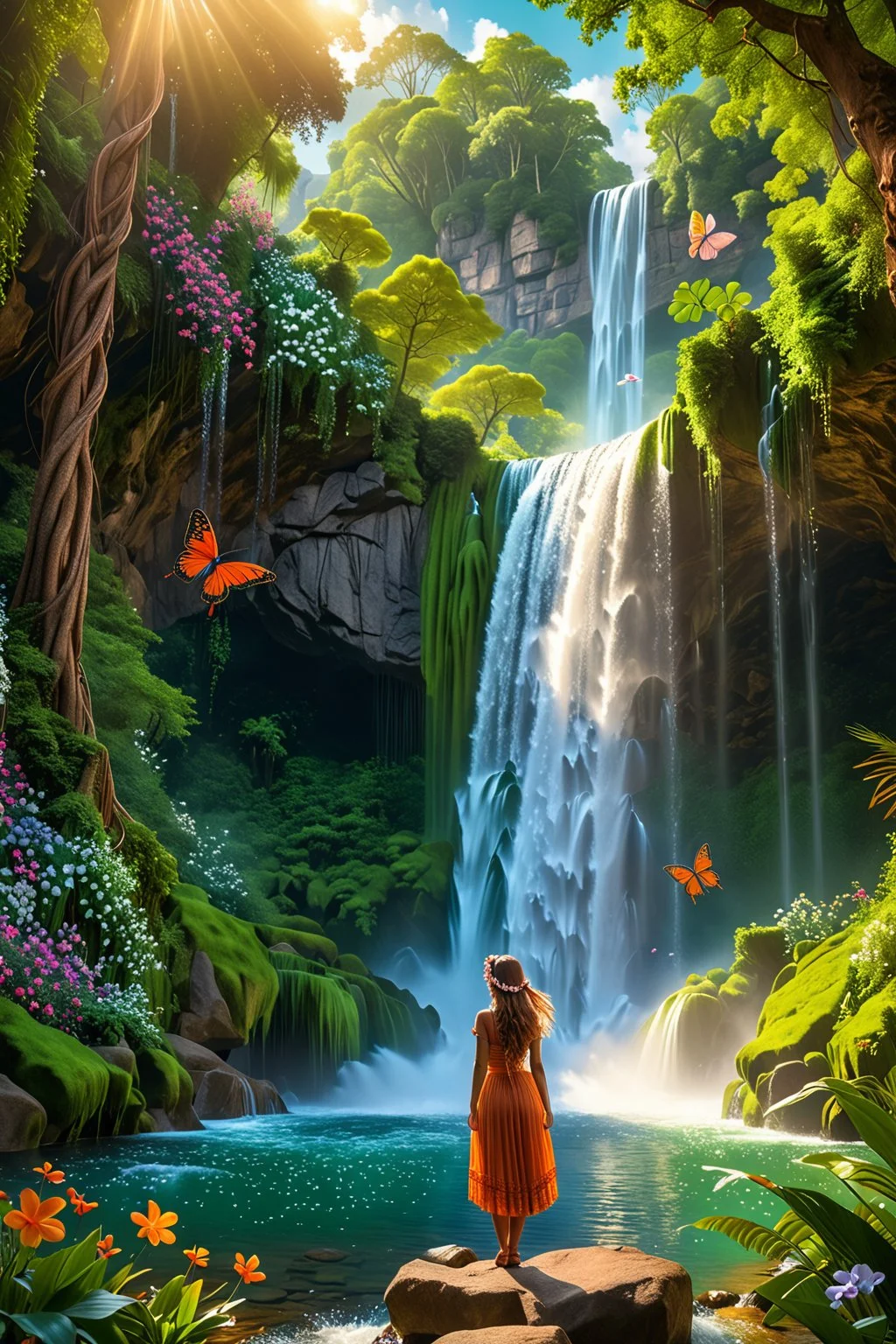 masterpiece,uhd 4k,8k,a standing in front of a waterfall with a butterfly flying over her head, enchanted magical fantasy forest, flowers and waterfalls, a paradise like a fairyland, enchanted with nature spirit, fantasy matte painting，cute, beautiful render of a fairytale, inspired by Sophie Anderson, magical forest backround, waterfall backdrop, beautiful fantasy, next to a waterfall, fantasy fairytale story,a standing in front of a waterfall with a butterfly flying over her head, an airbrush painting inspired by Sophie Anderson, shutterstock contest winner, fantasy art, enchanted magical fantasy forest, flowers and waterfalls, a paradise like a fairyland, enchanted with nature spirit, fantasy matte painting,cute, beautiful render of a fairytale, magical forest backround, waterfall backdrop <lora:add-detail-xl:0.8>