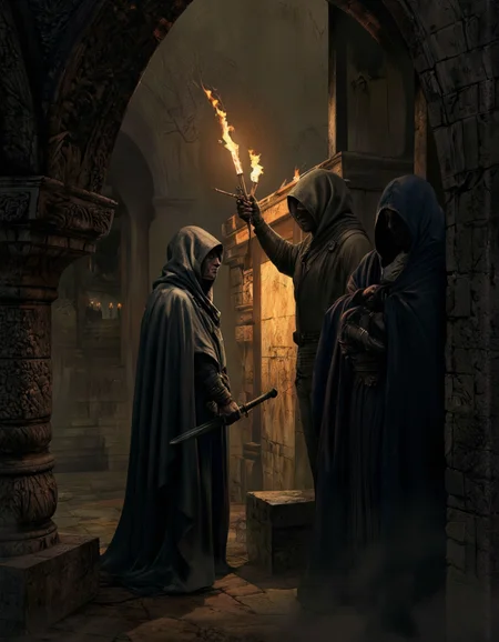 Art by Zhang Jing. A dark, eerie scene from a side camera angle, depicting a shadowy figure standing in a dimly lit alleyway, holding a sword in one hand and a glowing torch in the other. the figure, who appears to be a man with a long, hooded cloak, stands in the middle of the alley, facing away from the viewer, with a determined expression on his face. he is positioned in the center of the image, with the torch casting a warm, orange glow over the scene. the alleyway is dimly decorated with stone walls and arches, and the atmosphere is eerie and foreboding, with shadows and light filtering through the walls, creating a sense of depth and dimensionality. the lighting is dramatic, casting shadows and highlights on the figure's cloak and the torch, which is emitting a bright, glowing light that illuminates the surrounding area. in the background, another figure is visible, partially obscured by the hood, adding to the sense of mystery and intrigue.