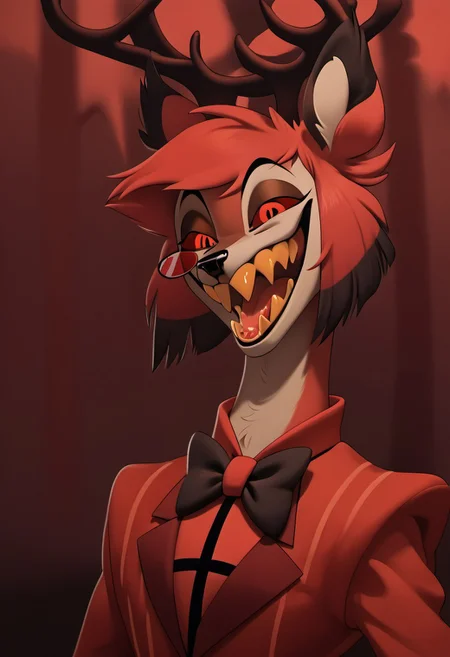score_9, score_8_up, score_7_up, score_6_up, masterpiece, solo, ((detailed eyes, detailed face, detailed fur, 
BREAK
Great Prince of the Forest, GPotF, deer, buck, disney, antlers, red fur, beige markings, brown eyes, brown eyelids, brown eyeshadow, eyeliner, black eyebrows, anthropomorphic deer, furry, anthro deer, animal focus, alastor_hh, alastor \(hazbin hotel\), solo, red theme, 1boy, red eyes, bow, smile, looking at viewer, evil smile, grin, short hair, bowtie, horror, monocle (theme), sharp teeth, yellow teeth, laughing, open mouth
<lora:add-detail-xl:1.0>