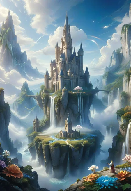 ethereal fantasy concept art of illustration of  a grand castle suspended in the sky, detailed fantasy art, refined design, majestic spires reaching up towards the infinite expanse above, the castle is floating on a huge rock formation, shimmering white stone, wind elemental, hovering above the ground, elemental tendrils, ornate, swirling air, ethereal light, floating amidst billowing clouds, gardens bloom with flowers of every hue, waterfalls cascade down from hidden springs, dreamy, balanced composition, fractal art, vibrant, vivid colors, magnificent, celestial, ethereal, painterly, epic, majestic, magical, fantasy art, cover art, dreamy
<lora:ral-fntsyrlms-sdxl:0.7> ral-fntsyrlms,
<lora:add-detail-xl:1.0>,
<lora:quality1:1.0>,
<lora:extremely_detailed:1.0>, extremely detailed,
<lora:EldritchMixIllustration_1.1:0.35>,
<lora:zavy-cntrst-sdxl:0.75> dark, chiaroscuro, low-key,
<lora:xl_floating:0.85> floating island, surreal,