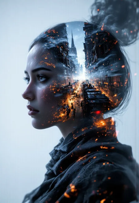 A captivating double exposure photograph: the serene silhouette of a young woman, her gaze calm and reflective, blending harmoniously with a dynamic cityscape. Skyscrapers rise within her form, illuminated by city lights and a soft twilight sky, symbolizing the connection between human introspection and the energy of urban life.
