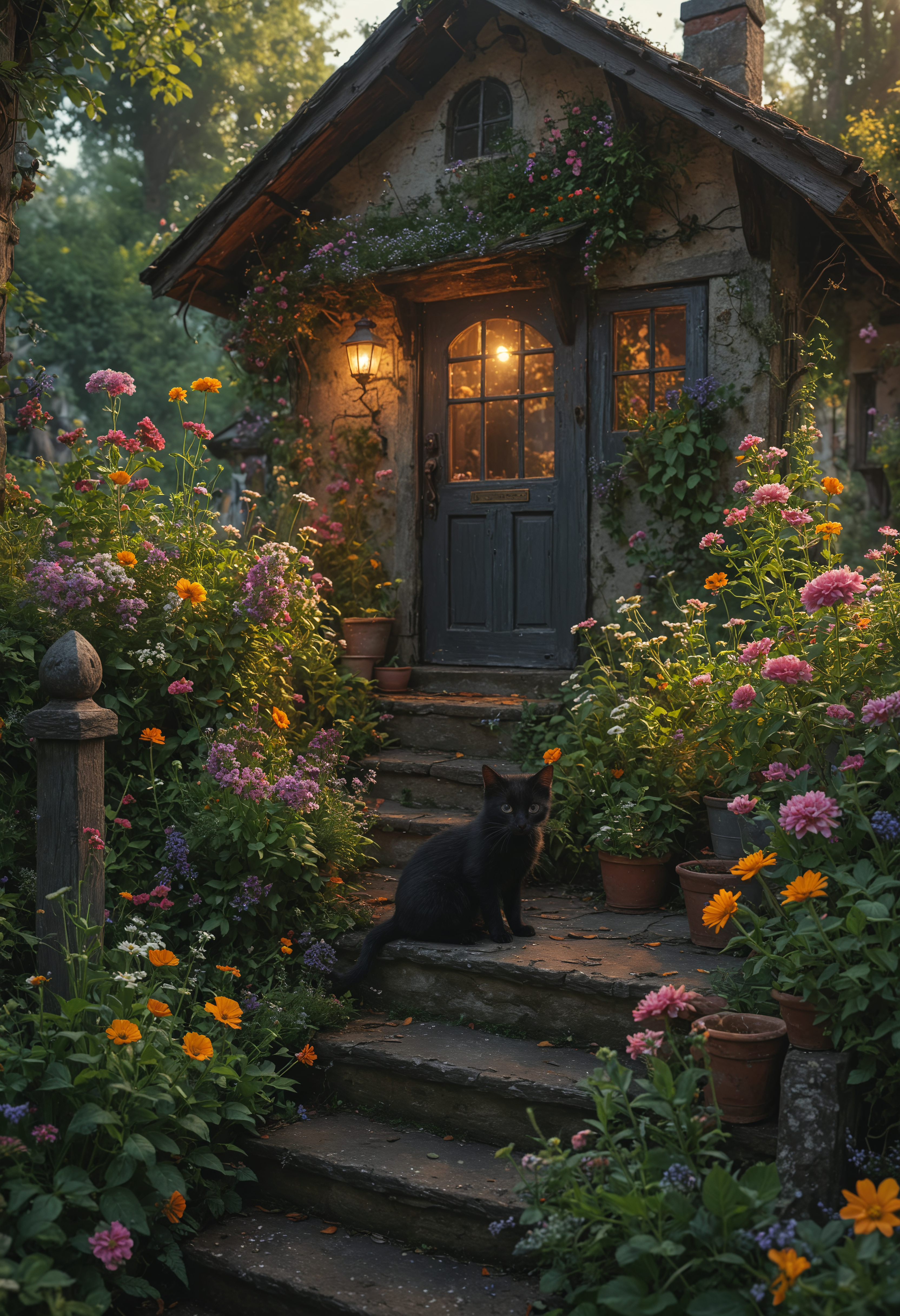A quaint, mystical cottage in the woods, surrounded by a garden of magical herbs and flowers, with a tiny black kitten sleeping on the steps, on a warm evening , sharp image, extreme details, vibrant, 8k resolution <lora:add-detail-xl:0.5> <lora:MJ52:0.5>