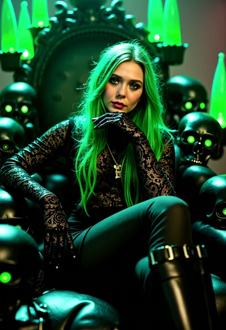 Photorealistic close-up of a gothic queen with long, flowing green hair, sitting on a throne made of black skulls with glowing green eyes, her expression calm yet commanding as she rests her hand on her chin.
Intricate lace patterns on her gloves and clothing catching the light, adding elegance and sophistication to her dark appearance. The skulls on the throne adorned with faint, glowing runes that pulse softly, suggesting ancient, arcane power. The sorceress’s hair slightly illuminated by the green glow, adding a soft, radiant halo effect around her head. The sorceress’s boots reflecting the green light, adding a touch of realism and highlighting the sleek design of her outfit. The background rendered in soft, shadowy tones that gradually fade into darkness, focusing the attention on the sorceress and her throne.
cinematic lighting, extremely intricate detail character, accurate depiction of character, correct body anatomy, correct hands and fingers, extremely intricate skin and facial skin texture detail, lifelike potrayal, extremely realistic lighting, extreme dynamic pose. Extremely sharp detail without blurring.