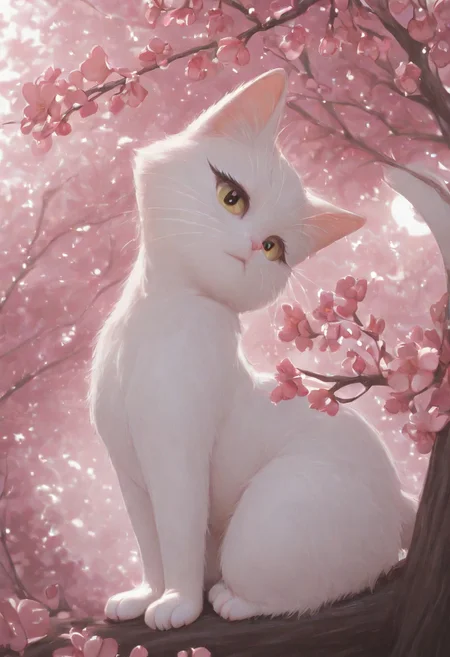 masterpiece, best quality, absurdres, cats sitting on a tree branch, facing each other in an intimate and harmonious pose. The left cat is black, while the right cat is white, creating a striking contrast. They are surrounded by delicate, blooming branches with small flowers, adding a serene and romantic atmosphere. The background is softly blurred, focusing the viewer's attention on the cats and their interaction. The lighting is soft, emphasizing the texture of their fur and the gentle ambiance of the scene. pink heart in front of them, white sphere in the background, HANA4