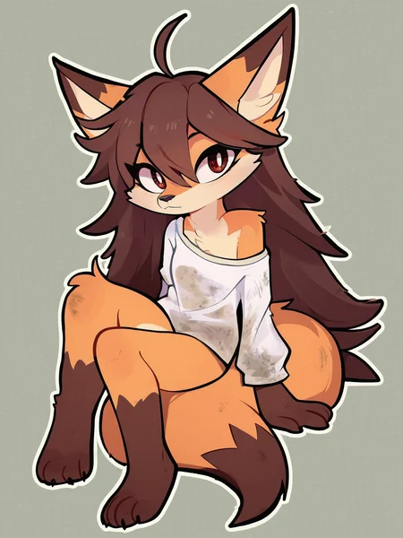 score_9, score_8_up, score_7_up, score_6_up, score_5_up, zPDXL2, max detail, 4k wallpaper, masterpiece, best quality, absurdres, highres, dynamic angle, dynamic pose, source_anime,
(JayrnskiStyle:1.1), source_furry, outline,
1girl, furry female, solo, furry, animal ears, long hair, tail, sitting, body fur, off shoulder, blush, shirt, brown fur, animal nose, fox ears, very long hair, fox tail, fox girl, looking at viewer, brown eyes, brown hair, snout, two-tone fur, orange fur, ears down, white pupils, closed mouth, hair between eyes, bright pupils, white shirt, dirty, white fur, collarbone
<lora:JayrnskiStyle:1>