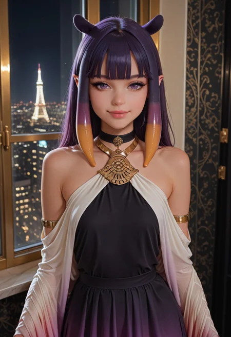 ultra-detailed,masterpiece, best quality, good quality, 8k,beautiful eyes, detailed eyes, detailed face, 
BREAK
ninomae inanis, pointy ears, long hair, purple hair, multicolored hair, blunt bangs, tentacle hair, sidelocks, purple eyes, choker,
BREAK
v1ll4-g0wn, white dress, black dress, gradient dress, bare shoulders, large sleeves, gold metal,
BREAK
seductive smile, standing,
BREAK
Intricate, detailed background, colorful, detailed background, dynamic angle, volumetric lighting, cinematic lighting,
BREAK
Indoors, Modern Apartment, Large window showing a cityscape at night,
BREAK
artist:moriimee,  <lora:MoriiMee_Gothic_Niji_Style_Illustrious_r1:0.6>, <lora:PowerPuffMixLora:0.5>,
BREAK