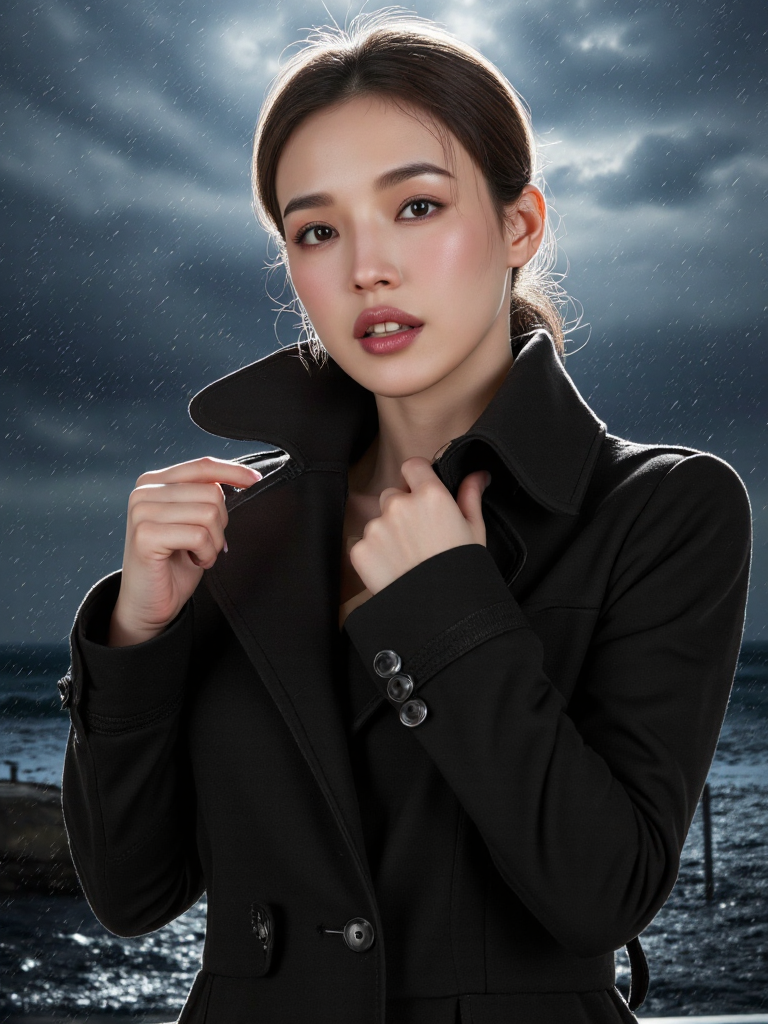 There are wonderful studio lights and various reflections,her thin face is very delicate,
18yo beautiful cute girl with blushing and female orgasm.skin naturally showing the texture of blood vessels and detailed pale skin,looking at viewer,
cowboy shot,(full body:0.7),--,
--,<lora:Hsu_Chi_f1_rank2_bf16:1>,she is Hsu Qi,
--, A fierce portrait captured with a wideâangle lens at a 30Â° Dutch tilt as galeâforce winds whip debris around her, she stands firm in a dark trench coat, backlit by a single strobe to carve her silhouette against the swirling hurricane clouds â exaggerated motion blur in the background emphasizes her unshakable poise.