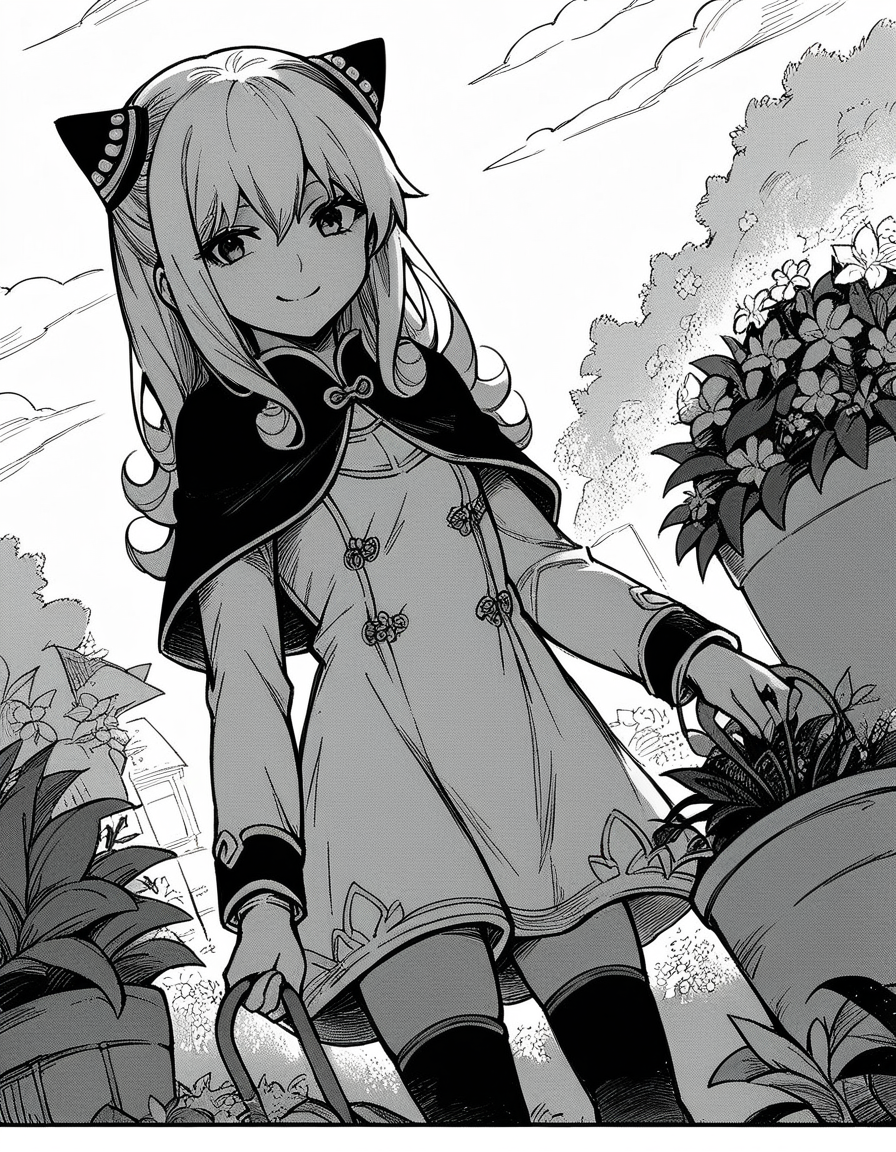 score_9, score_8_up, score_7_up, source_anime, <lora:ashe-talton-manga-ponyxl-lora-nochekaiser:1>, rengoku ashe, long hair, greyscale, monochrome,, thighhighs, long sleeves, capelet, cape, dress, white dress,, gardening, watering plants, backyard, flowers blooming, sunny day,, smile, looking at viewer, solo,, cowboy shot, dutch angle