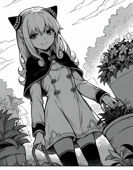 score_9, score_8_up, score_7_up, source_anime, <lora:ashe-talton-manga-ponyxl-lora-nochekaiser:1>, rengoku ashe, long hair, greyscale, monochrome,, thighhighs, long sleeves, capelet, cape, dress, white dress,, gardening, watering plants, backyard, flowers blooming, sunny day,, smile, looking at viewer, solo,, cowboy shot, dutch angle