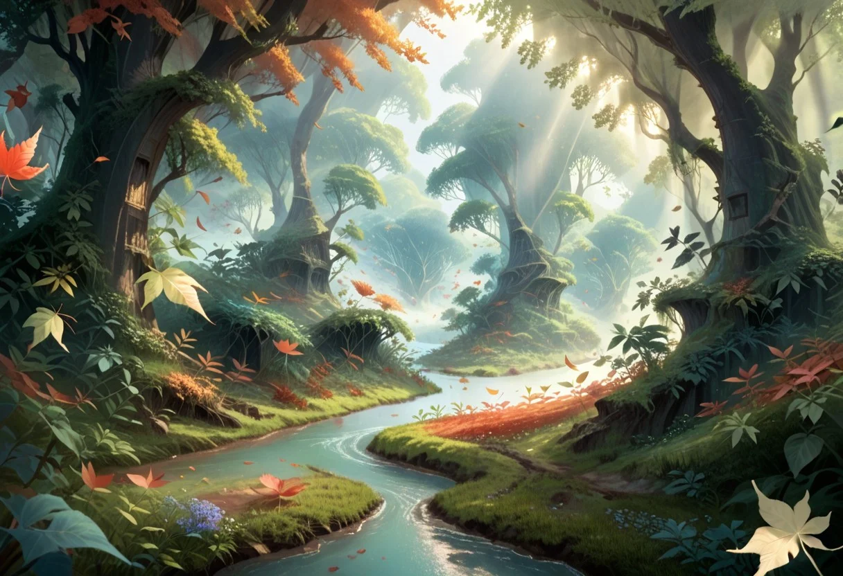 score_9,score_8_up,score_7_up, enchanting featuring rolling (fantasy fields:1.3) flowing into serene river, surrounded by lush greenery and blooming flowers, (leaves blowing in the breeze:1.3), (multiple leaves:1.4), under the soft glow of morning light, mythical forest in background, Fantasy background, light fog rolling in to the valley,