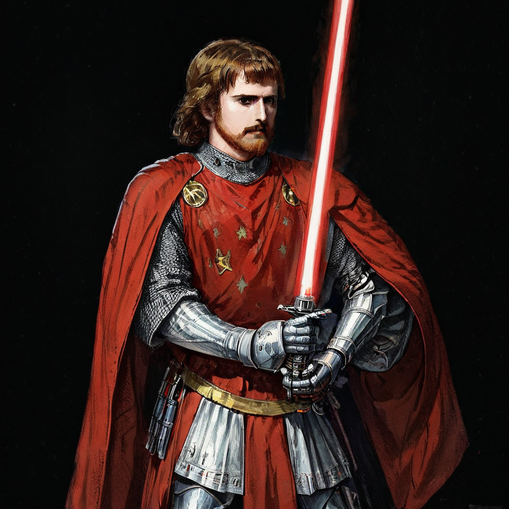 vintageillustration, a medieval knight holding his red lightsaber, sith lord, full body, 1200BC, epic movie poster, stars, star wars, 8k, very detailed, UHD, extreme details, medieval, <lora:vintage_illust:1>