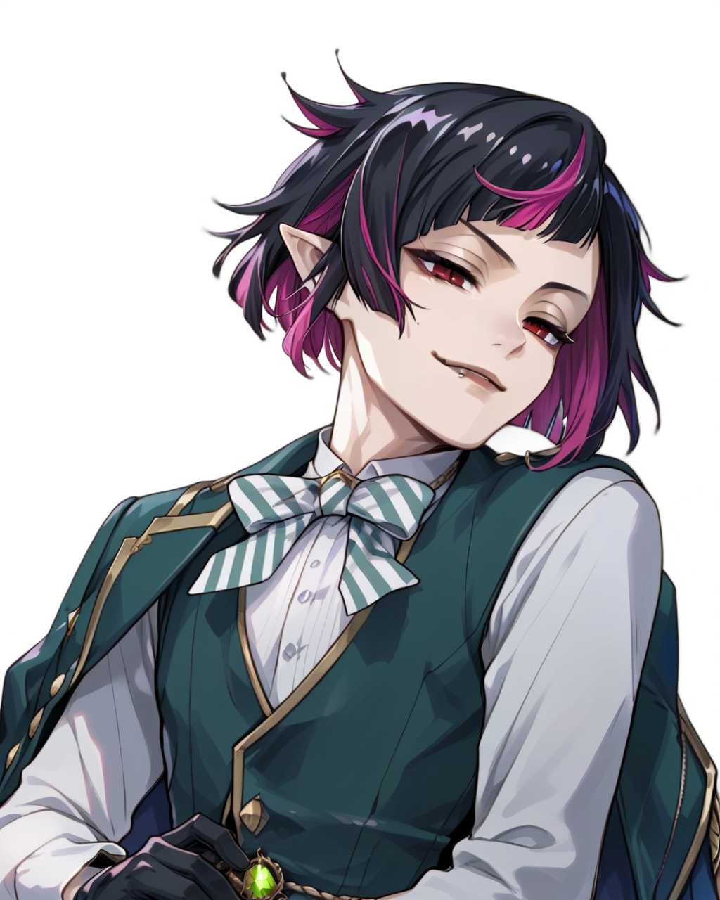 <lora:Lilia VanrougePDXL_v1:1>1boy, Lilia VanrougePDXL, solo, gloves, pink hair, pointy ears, black gloves, vest, School uniform, <lora:princess_xl_v2:0.8><lora:g0th1cPXL:0.3> g0th1cpxl<lora:Expressive_H:0.8> ExpressiveH<lora:NAI Smooth Boys Style SDXL_LoRA_20r_20e_8i_nr32_a16_Pony Diffusion V6 XL:0.8> score_9, score_8_up, score_7_up,