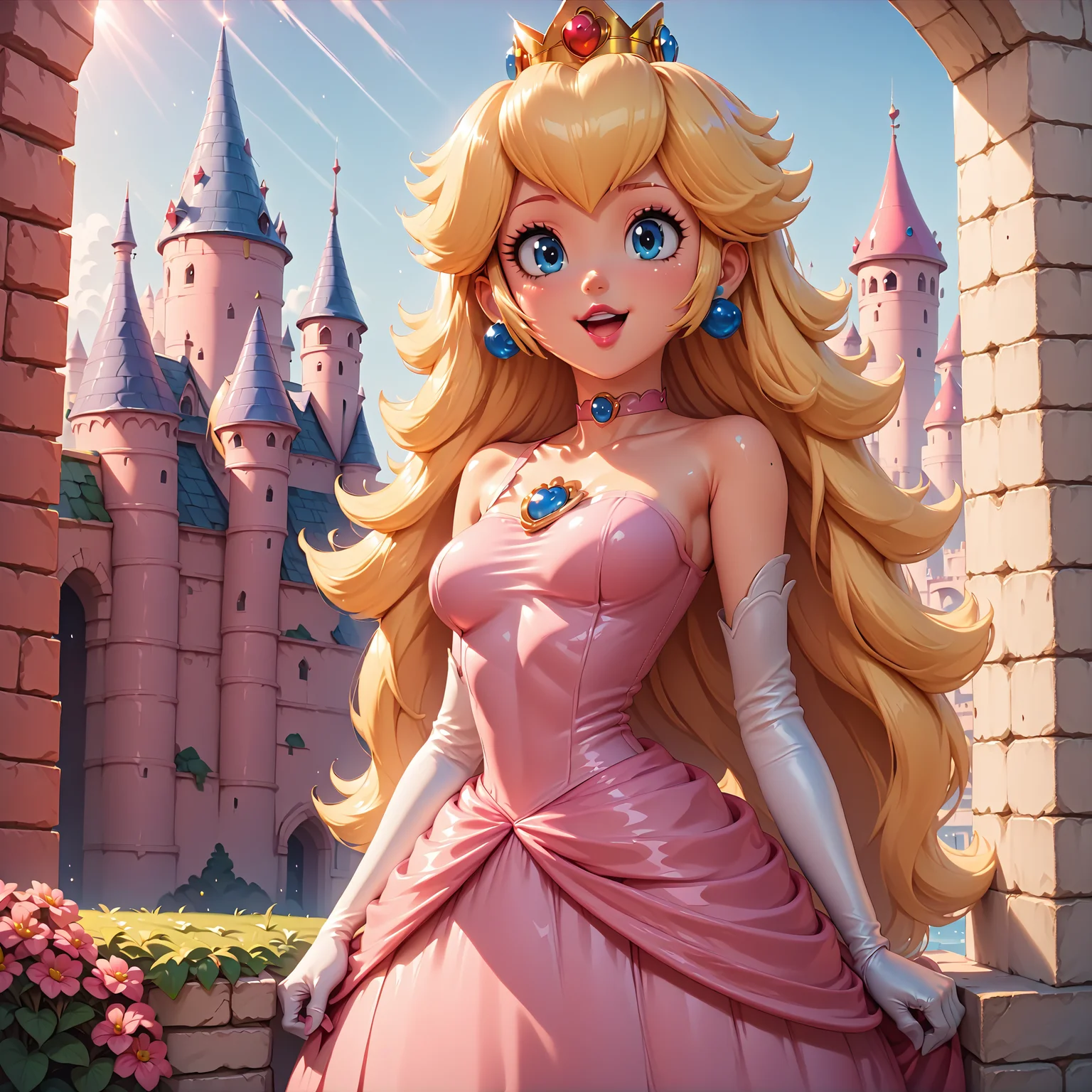 score_4,score_5,score_6,score_7_up,score_8_up,score_9 BREAK 1girl,solo,jewelry,earrings,long hair,breasts,very long hair,big hair,choker,dress,medium breasts,bare shoulders,:d,outdoors,smile,open mouth,<lora:Princess_Peach_Shiny_Style_V2:0.8>,shiny,shiny skin,princess peach,castle,
