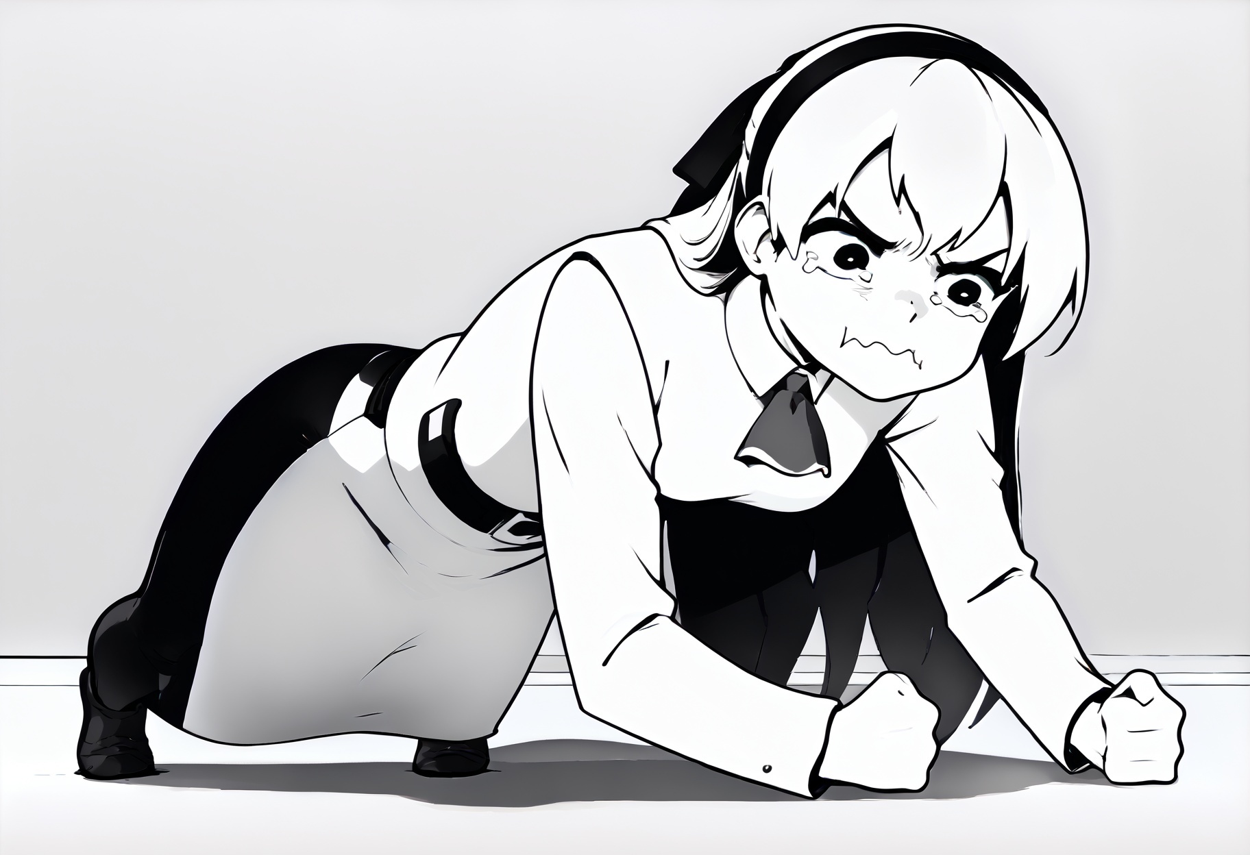 monochrome,
planking, exercise, clenched hands,aquacrying, wavy mouth, closed mouth, tearing up,
zeroElie, black hairband, hair ribbon, long hair, ascot, uniform, long red sleeves, white dress, pencil skirt, belt, black pantyhose,
,score_9,score_8_up,score_7_up, 
 <lora:Potat_dark_ink_v1_monochrome-RS24:1>  <lora:Planking_XLPD:1> <lora:elie-pdxl-nvwls-v1:0.8>  <lora:concept_aquacrying_ponyXL:0.8>