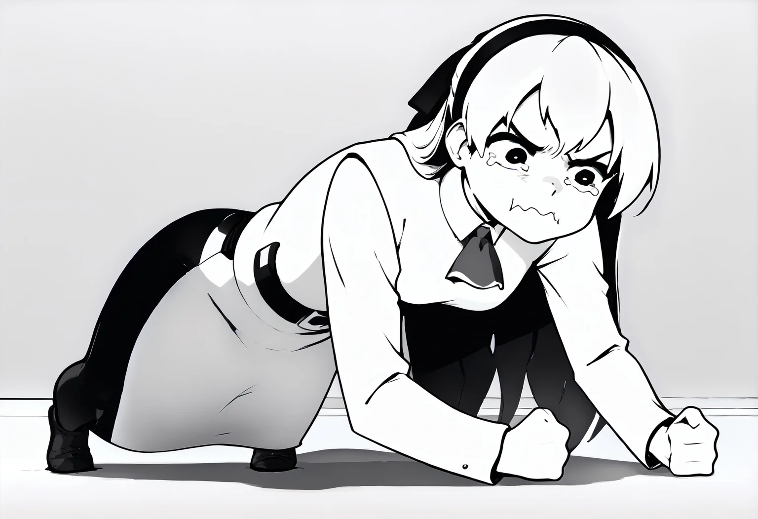monochrome,
planking, exercise, clenched hands,aquacrying, wavy mouth, closed mouth, tearing up,
zeroElie, black hairband, hair ribbon, long hair, ascot, uniform, long red sleeves, white dress, pencil skirt, belt, black pantyhose,
,score_9,score_8_up,score_7_up,
<lora:Potat_dark_ink_v1_monochrome-RS24:1> <lora:Planking_XLPD:1> <lora:elie-pdxl-nvwls-v1:0.8> <lora:concept_aquacrying_ponyXL:0.8>