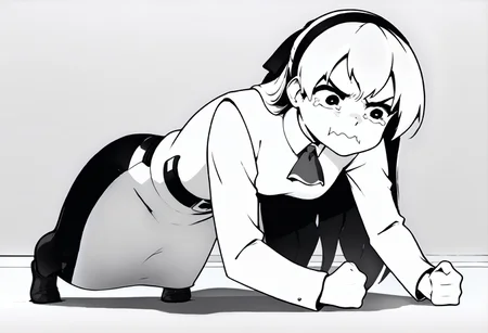monochrome,
planking, exercise, clenched hands,aquacrying, wavy mouth, closed mouth, tearing up,
zeroElie, black hairband, hair ribbon, long hair, ascot, uniform, long red sleeves, white dress, pencil skirt, belt, black pantyhose,
,score_9,score_8_up,score_7_up,
<lora:Potat_dark_ink_v1_monochrome-RS24:1> <lora:Planking_XLPD:1> <lora:elie-pdxl-nvwls-v1:0.8> <lora:concept_aquacrying_ponyXL:0.8>